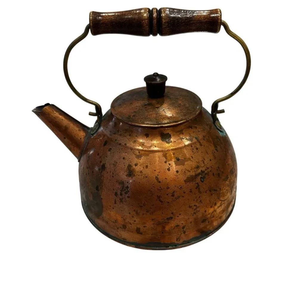 Vintage Copper Teapot with Wooden Handle